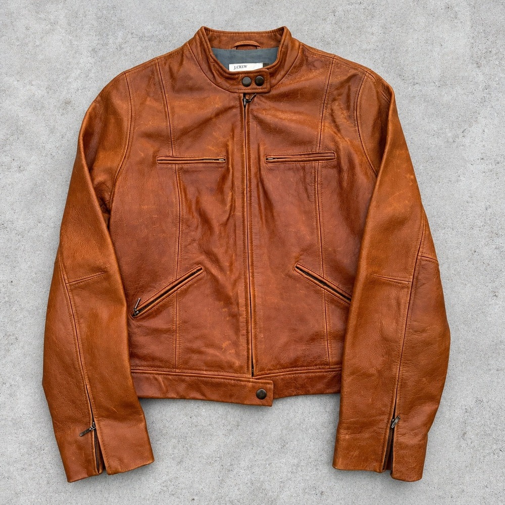J.Crew Womens Cognac Brown Leather Cafe Racer Moto Jacket Size M RN77388